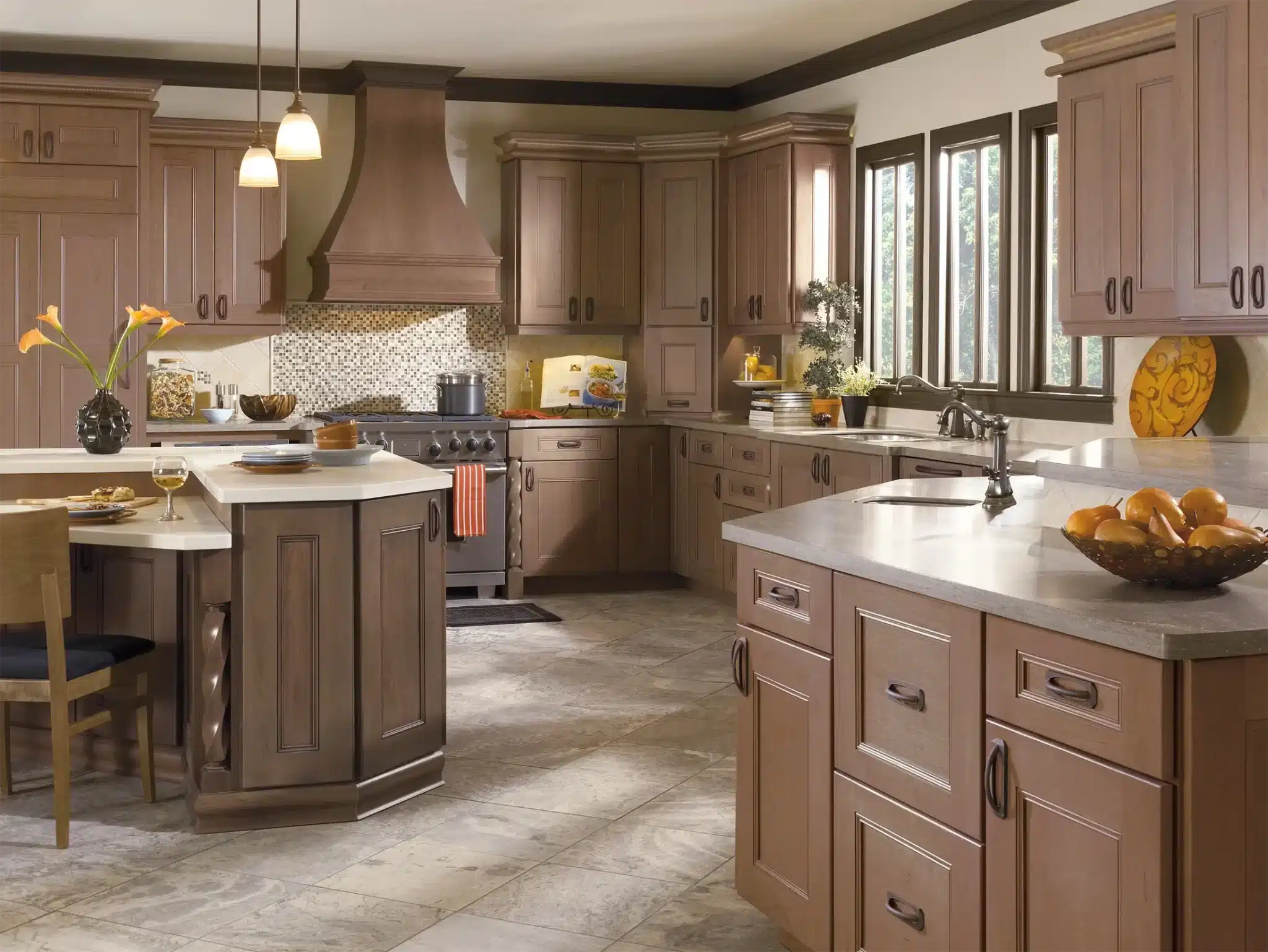 White cabinets with a mosaic backsplash and a dark island