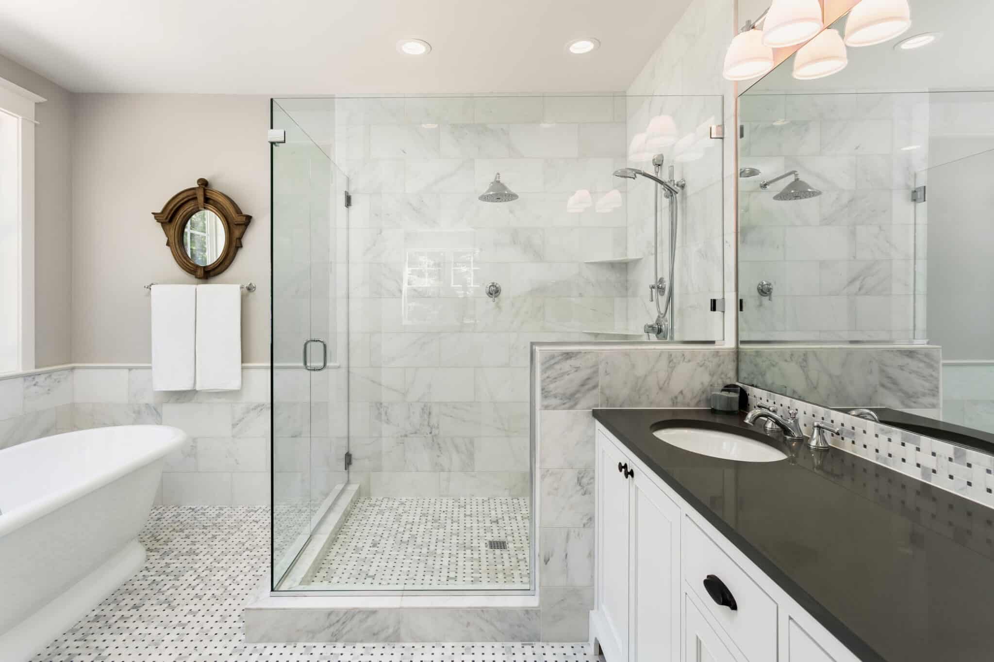 Remodeled bathroom with updated fixtures and tile
